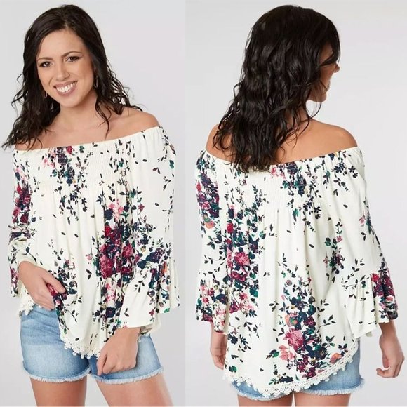LUQ Eyeshadow Off‎ The Shoulder Boho Floral Top Sz M - Picture 1 of 9